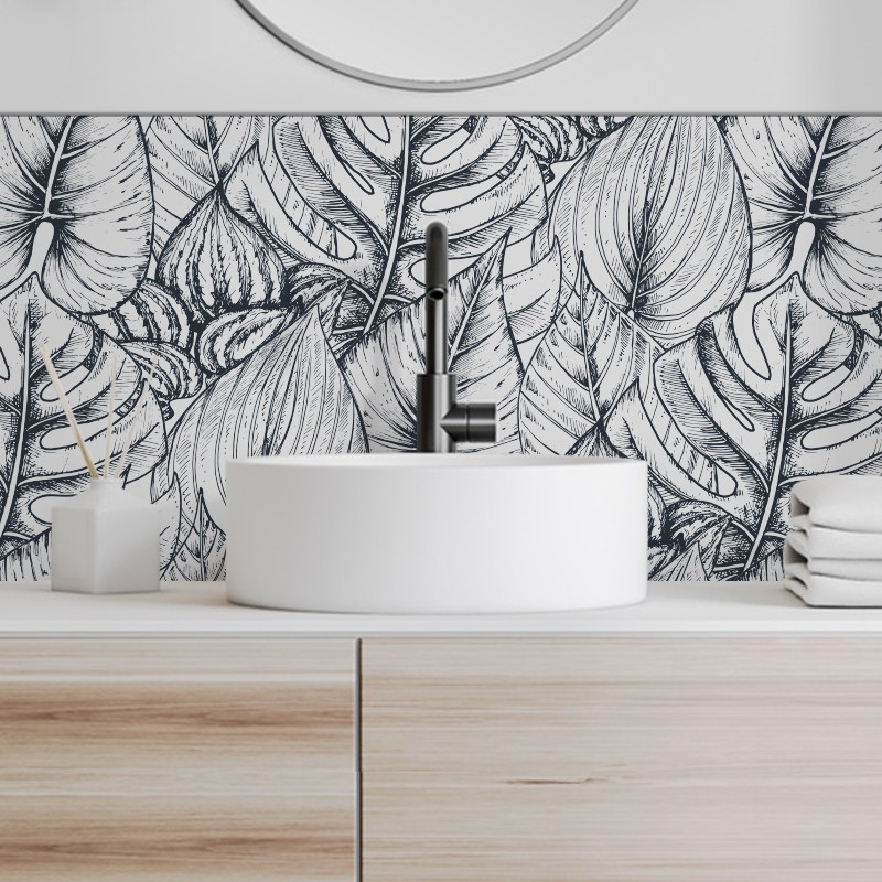 Crédence déco salle de bain vasques motif Feuilles dessinées