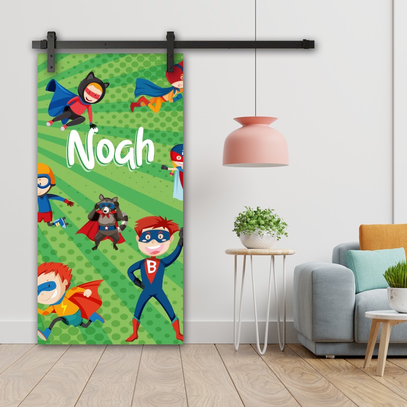 Double Porte Coulissante en bois recouvert d'un motif Super Héro vert