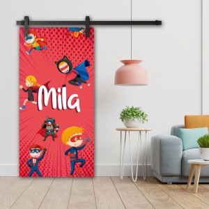 Double Porte Coulissante en bois recouvert d'un motif Super Héro rouge