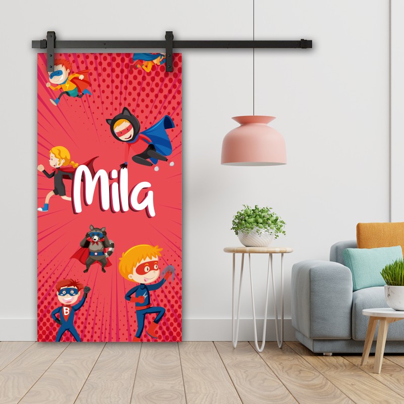 Double Porte Coulissante en bois recouvert d'un motif Super Héro rouge