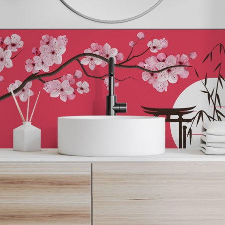 Crédence déco salle de bain vasques motif  Japon Rose