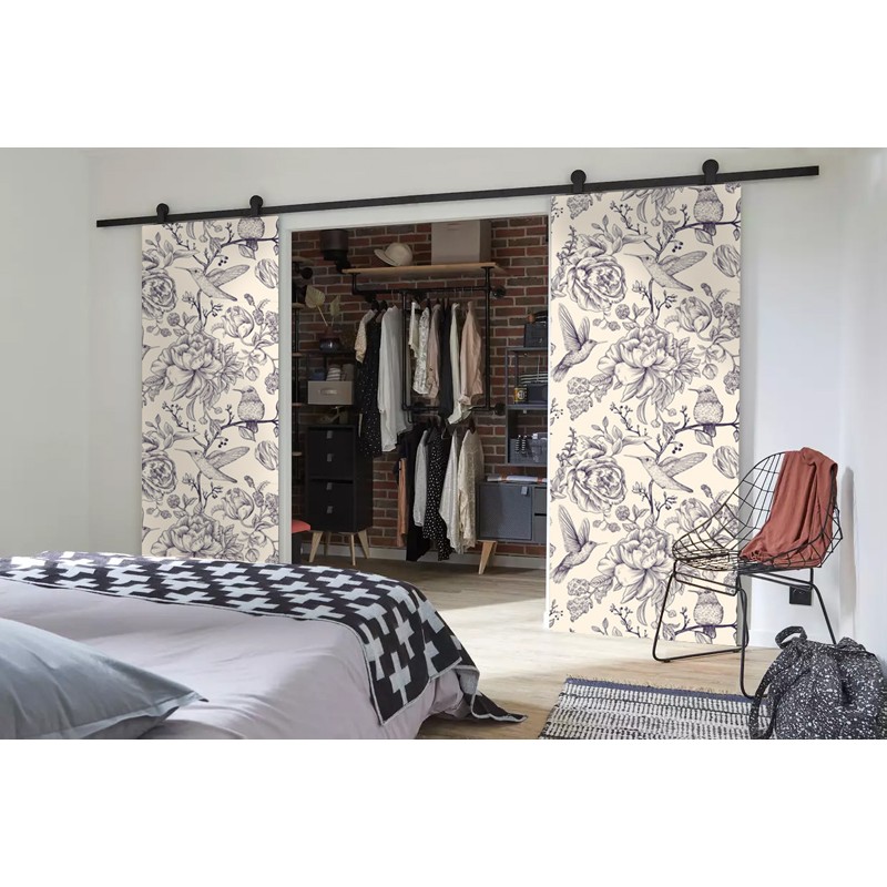 Double Porte Coulissante en bois recouvert d'un motifs Colibri