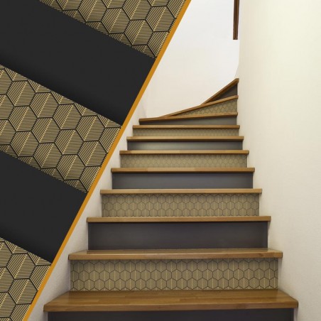 Contremarches escalier Motifs Noir et Chevrons Or décoration intérieur maison