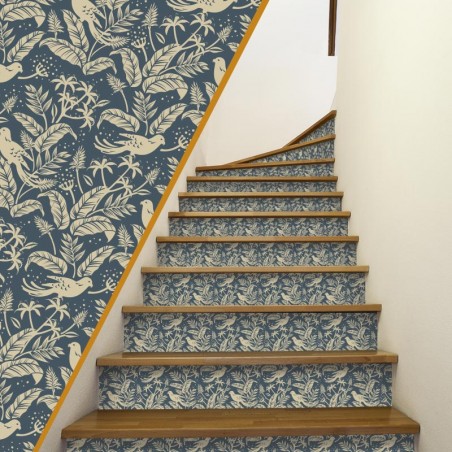 Contremarches escalier Motifs Jungle Bleu décoration intérieur maison