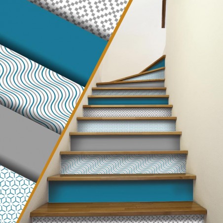 Contremarches escalier motifs géométrique couleur Bleu & Gris décoration intérieur maison