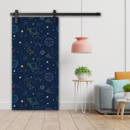 Porte Coulissante en bois recouvert d'un motifs Espace avec planète étoile constellation et vaisseau spatial