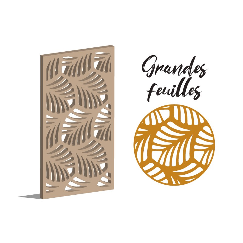Claustra grandes feuilles panneau décoratif ajouré sur mesure pour clôture extérieur ou cloison intérieure en bois