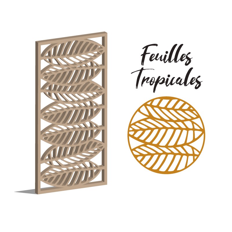 Claustra feuilles tropicales panneau décoratif ajouré sur mesure pour clôture extérieur ou cloison intérieur en bois