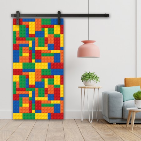 Porte Coulissante en bois recouvert d'un motifs Lego