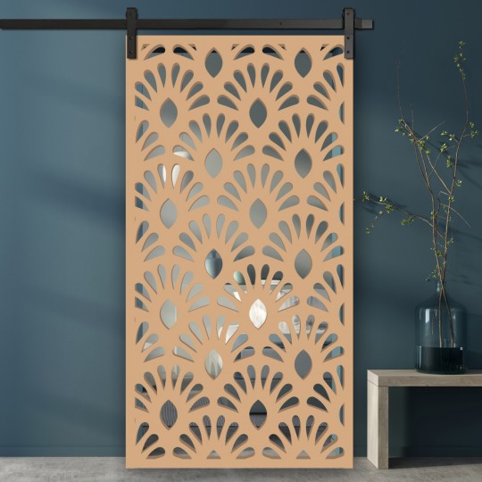 Porte coulissante claustra bois motif floral
