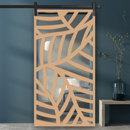 Porte coulissante claustra bois motif exotique