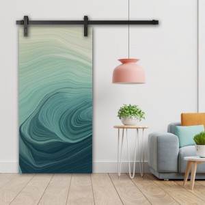 Porte Coulissante en bois recouvert d'un motifs vague bleu abstraite