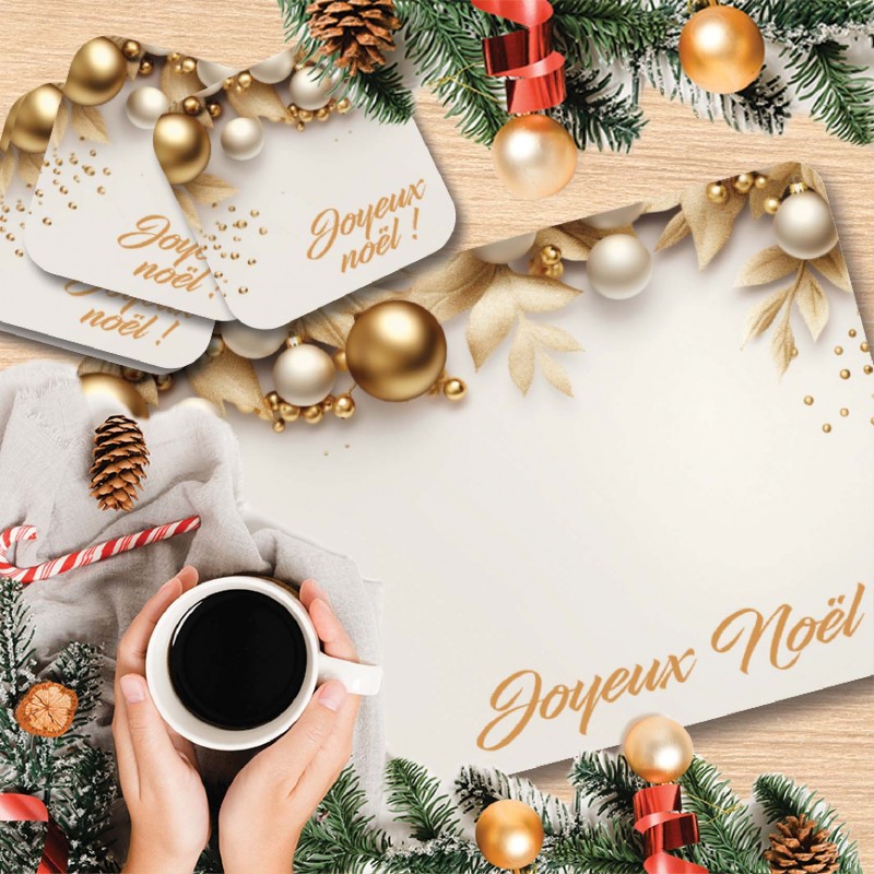 Set de table et dessous de verre "Boules en or de Noël"