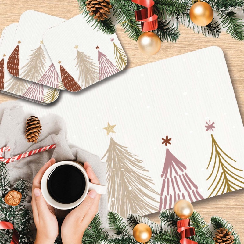 Set de table et dessous de verre "Sapin or et rose"