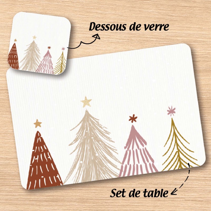 Set de table et dessous de verre "Sapin or et rose"