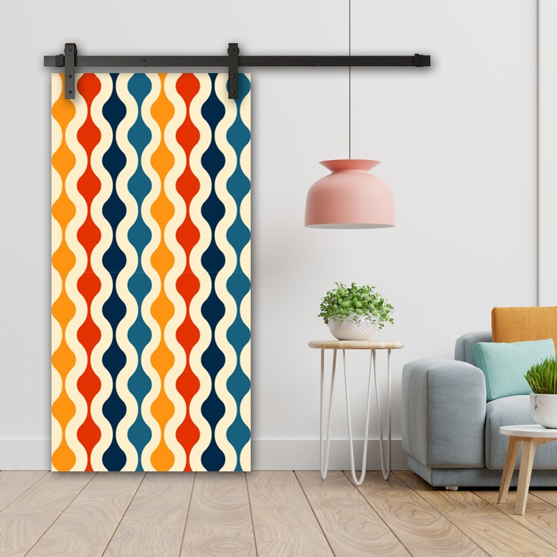 Porte Coulissante en bois recouvert d'un motifs Seventies 70s
