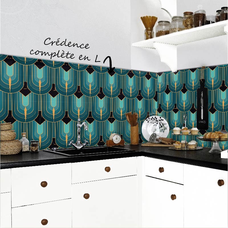 Crédence Cuisine Art déco Plume de Paon Vert et Doré