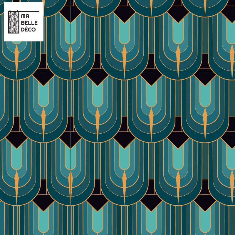 Crédence Cuisine Art déco Plume de Paon Vert et Doré