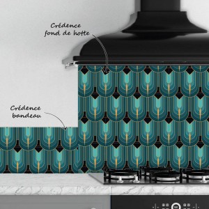 Crédence Cuisine Art déco Plume de Paon Vert et Doré