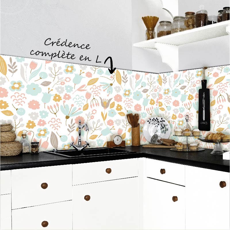 Crédence Cuisine Fleurs et Feuilles colorés Pastel