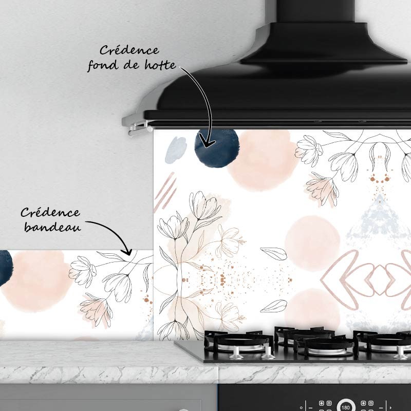 Crédence Cuisine Art abstrait Fleurs Rose et Gris