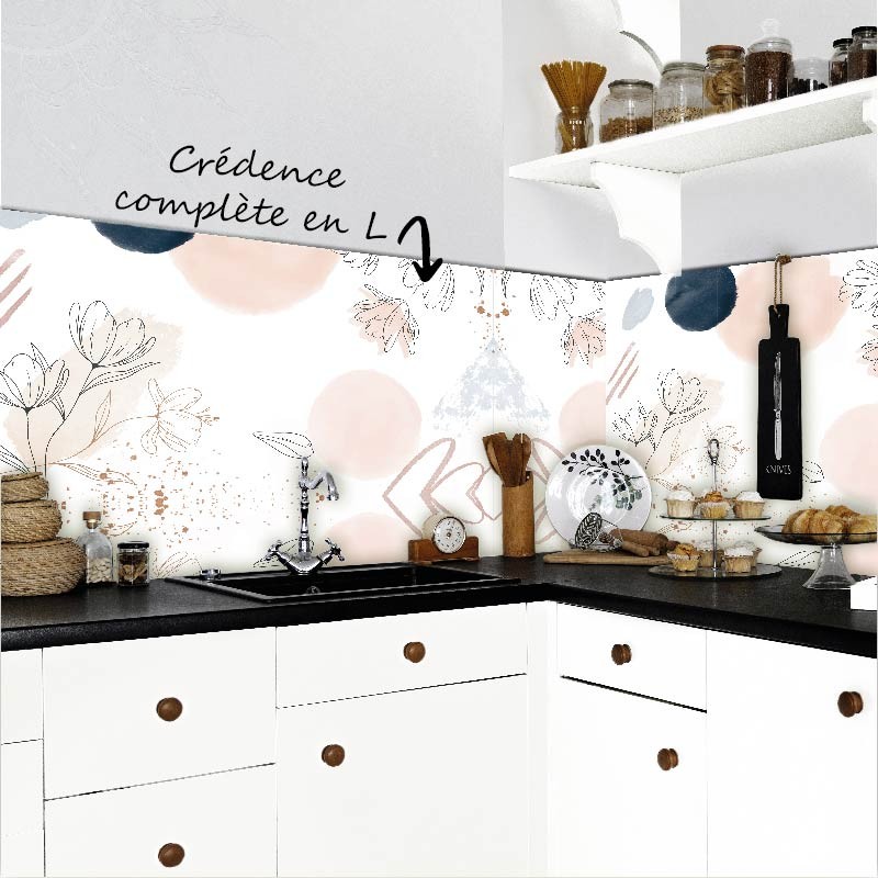 Crédence Cuisine Art abstrait Fleurs Rose et Gris