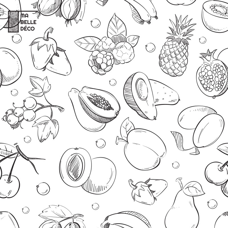 Crédence Cuisine Dessin Fruits Noir et Blanc