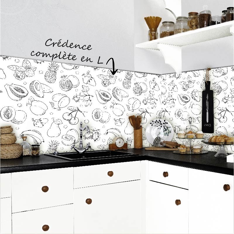 Crédence Cuisine Dessin Fruits Noir et Blanc