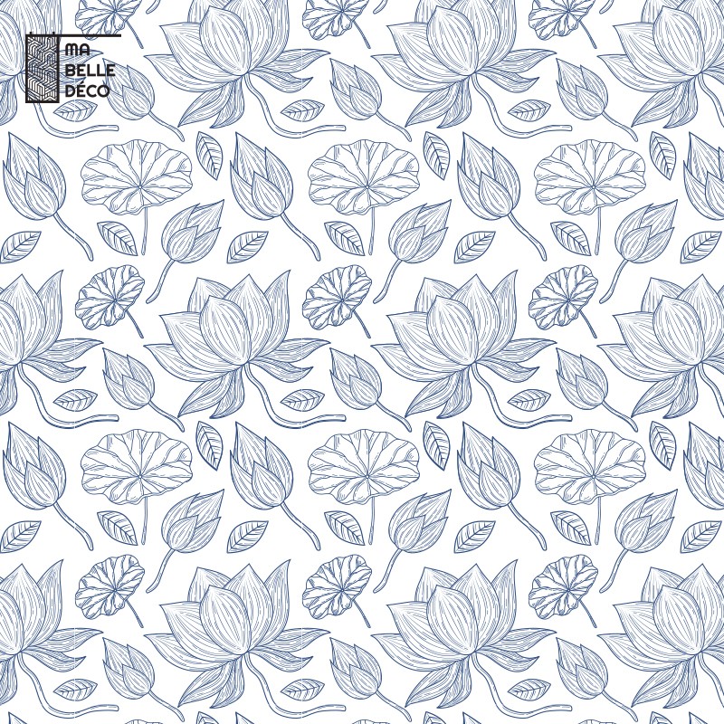 Crédence Cuisine Dessin Floral Bleu et Blanc