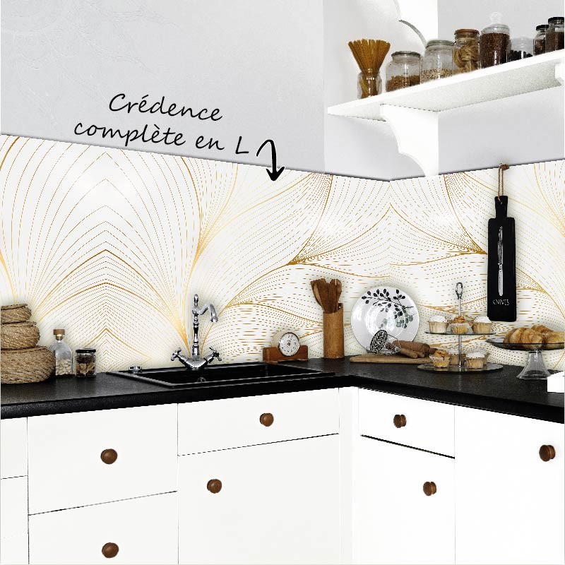 Crédence Cuisine Art Abstrait Courbes dorés