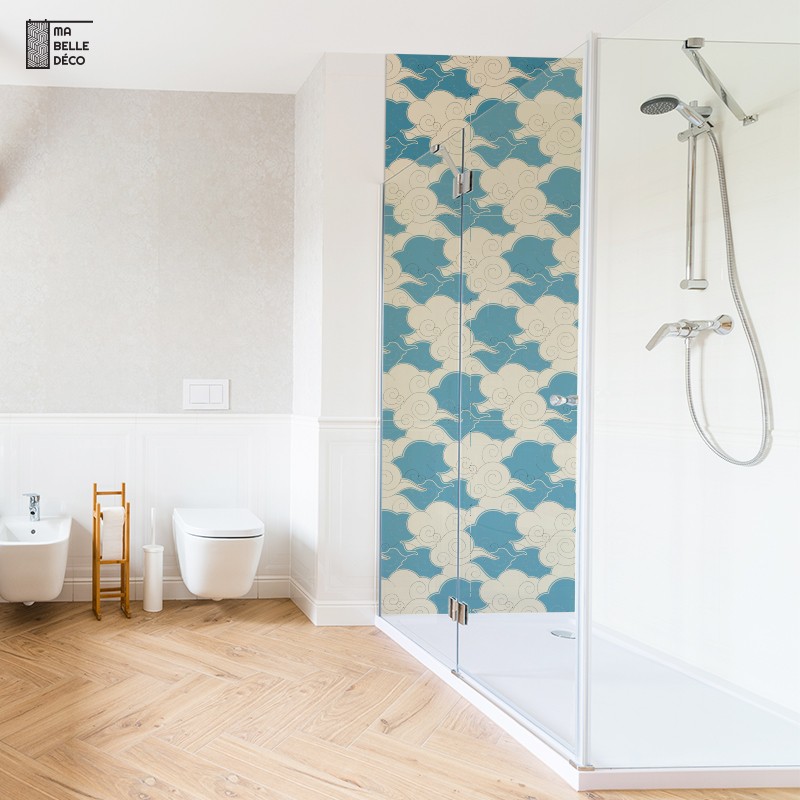 Crédence Salle de bain Design Nuage Japonais Bleu et Blanc