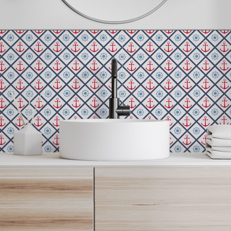Crédence Salle de bain Motifs Marins Gouvernail et Ancre