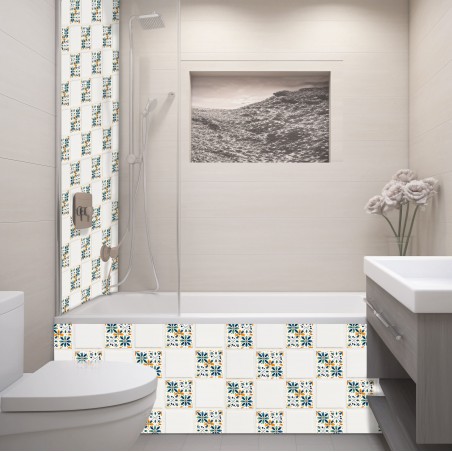 Crédence Salle de bain Carrelage blanc et motifs floraux