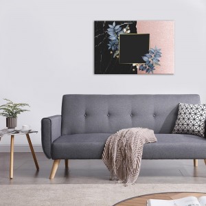 Tableau en toile déco intérieur murale Duo fleurs bicolore rose et marbre noir avec cadre or