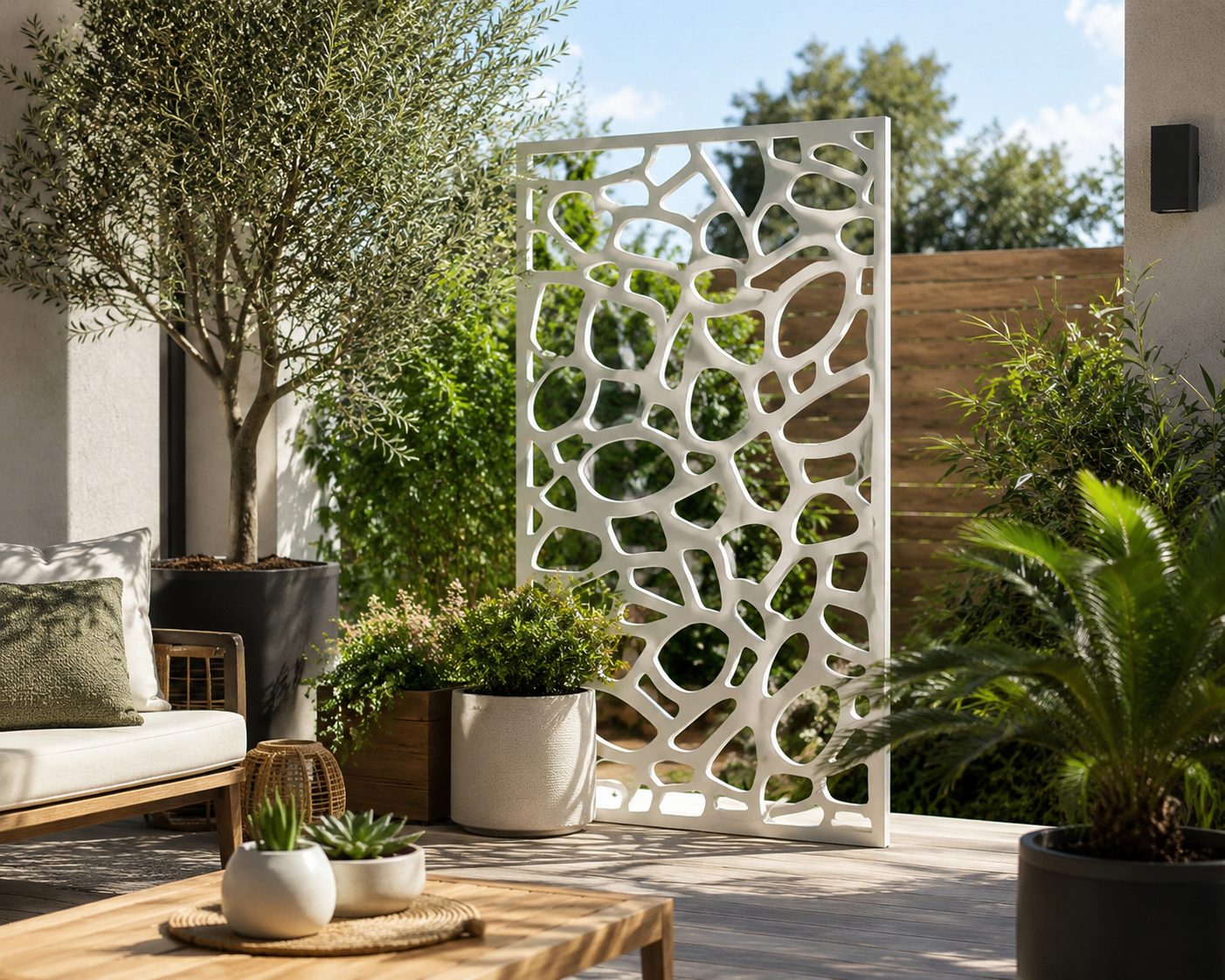 Claustra déco extérieur en PVC ou aluminium Dibond : la solution design pour structurer votre jardin