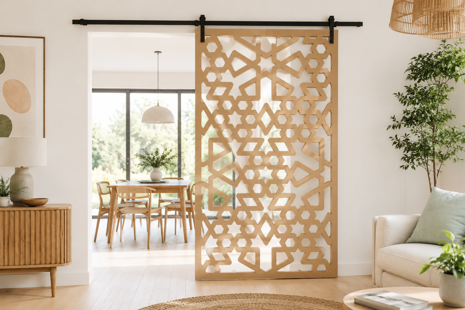 Porte coulissante en claustra exotique : la solution déco tendance pour séparer sans cloisonner